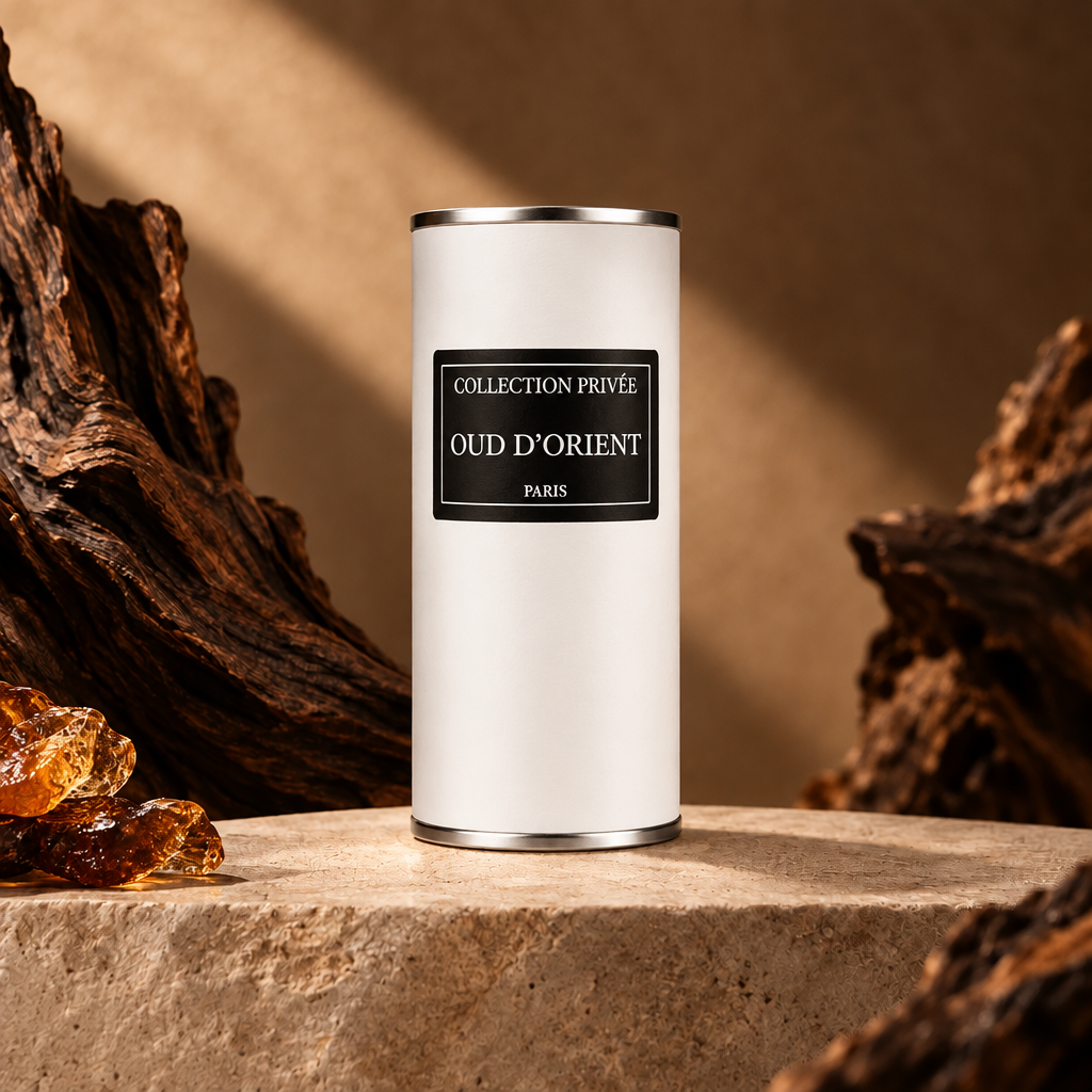 Oud witte verpakking op lichte steen met hout en amber