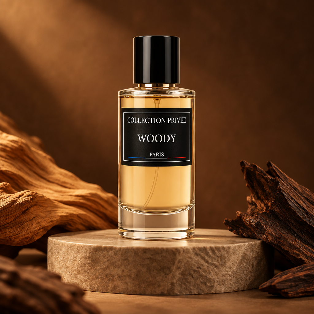 Woody parfum met warme houtstructuren en een natuurstenen podium