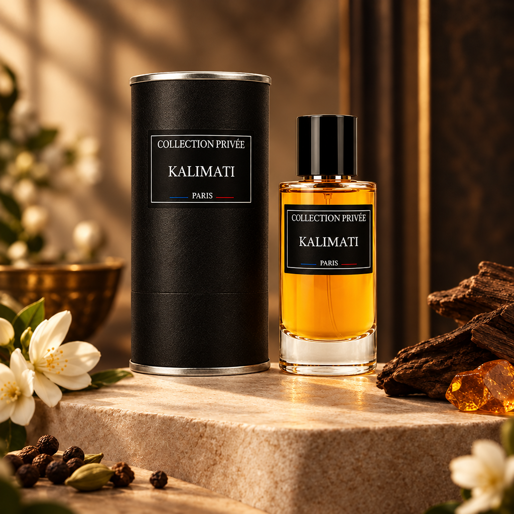 Kalimati fles en verpakking met warm licht, hout en amber