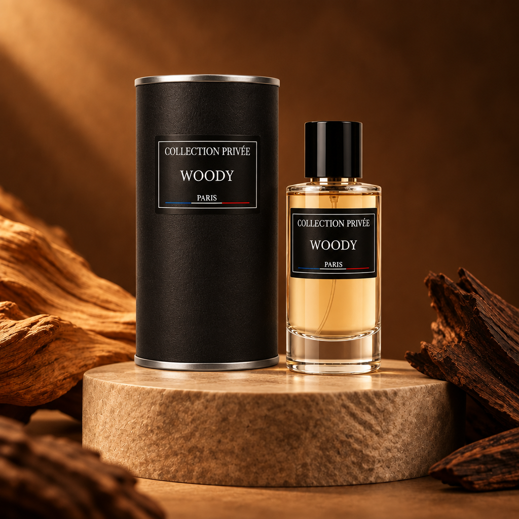 Woody fles en verpakking met warme houtstructuren op natuursteen