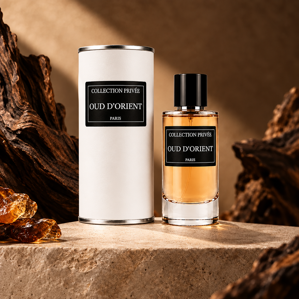 Oud fles en witte verpakking met donker hout en amber