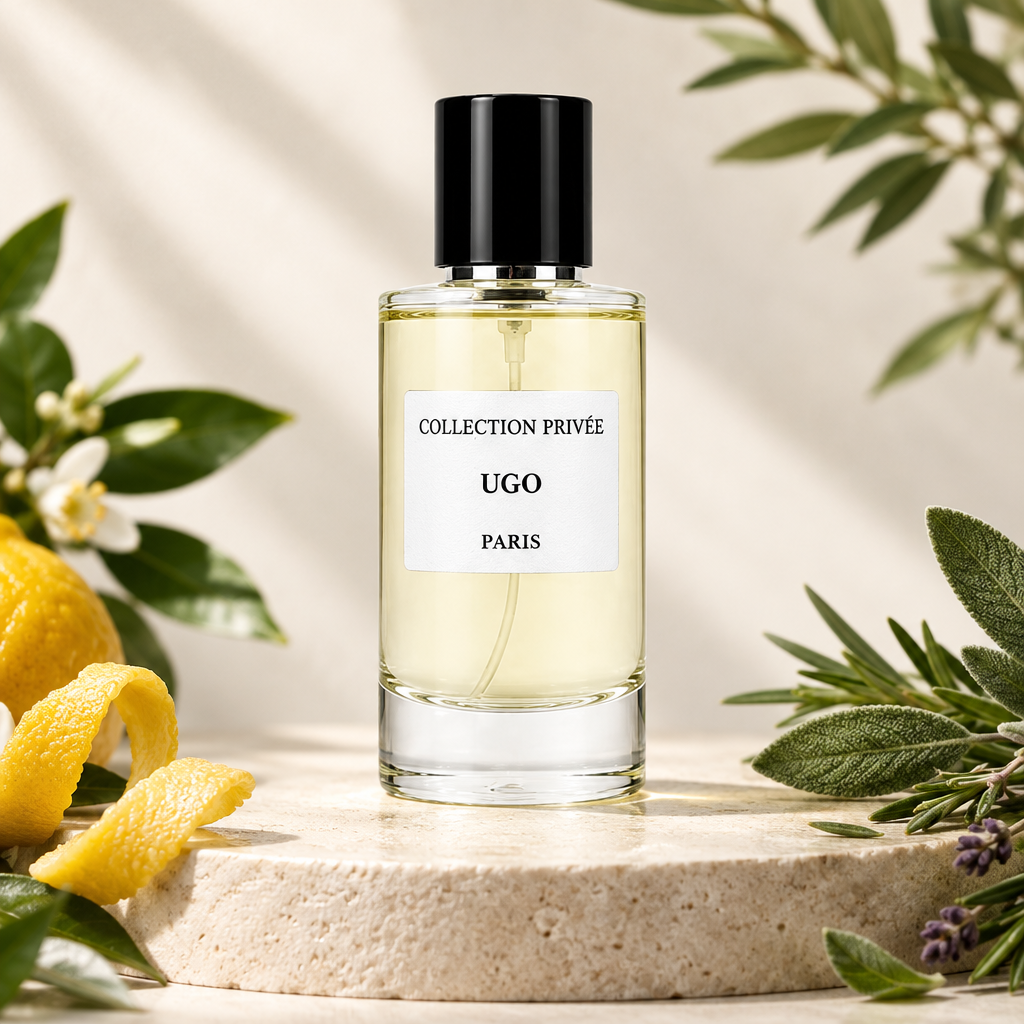 Ugo parfum met citrusschil en groene kruiden op een licht stenen podium