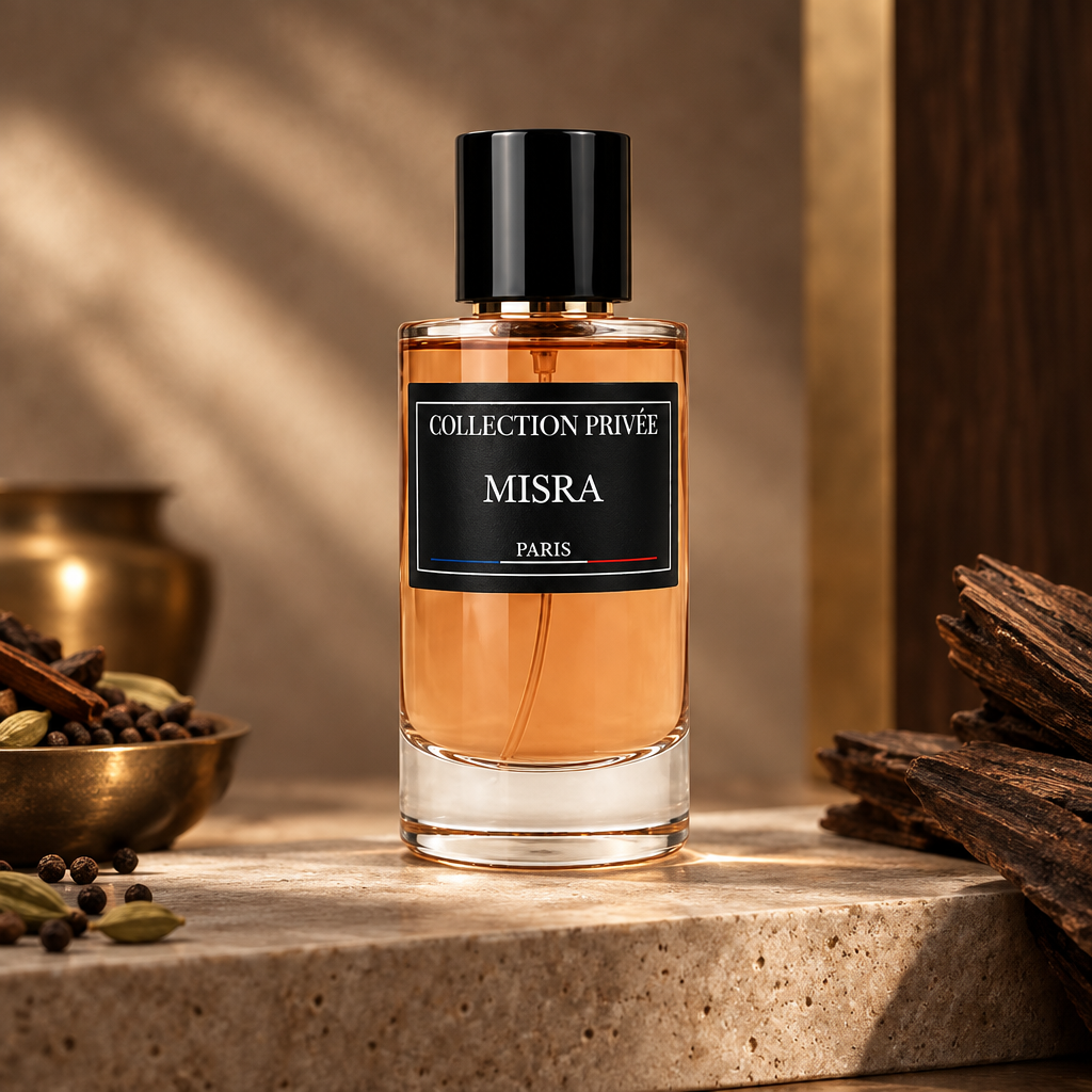 Misra parfum met specerijen en donker hout op steen in warme brons- en bruintinten