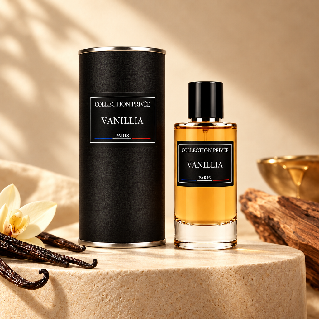 Vanillia fles en verpakking op lichte steen met vanille en hout