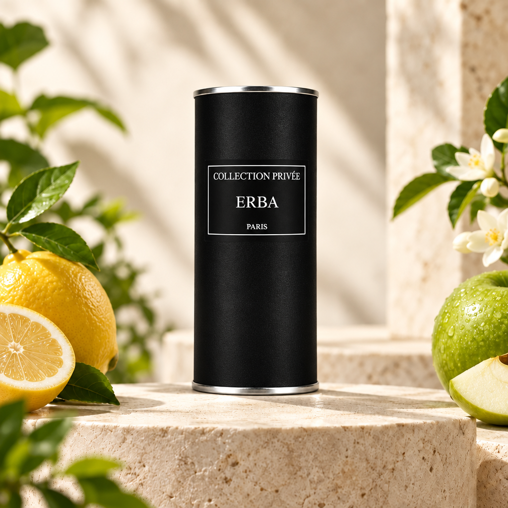Erba verpakking met citrus, groene bladeren en witte bloemen