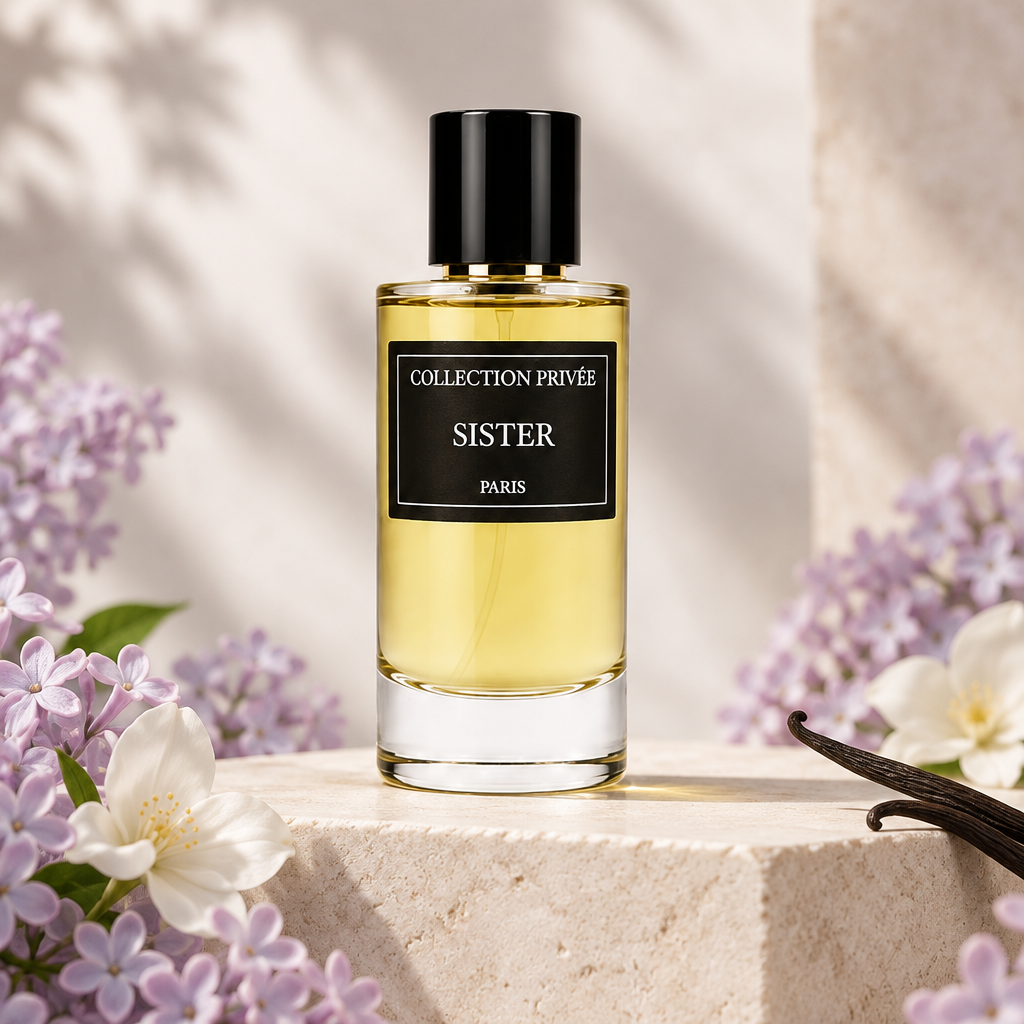 Sister parfum met lila en witte bloemen en vanillestokjes op lichte steen