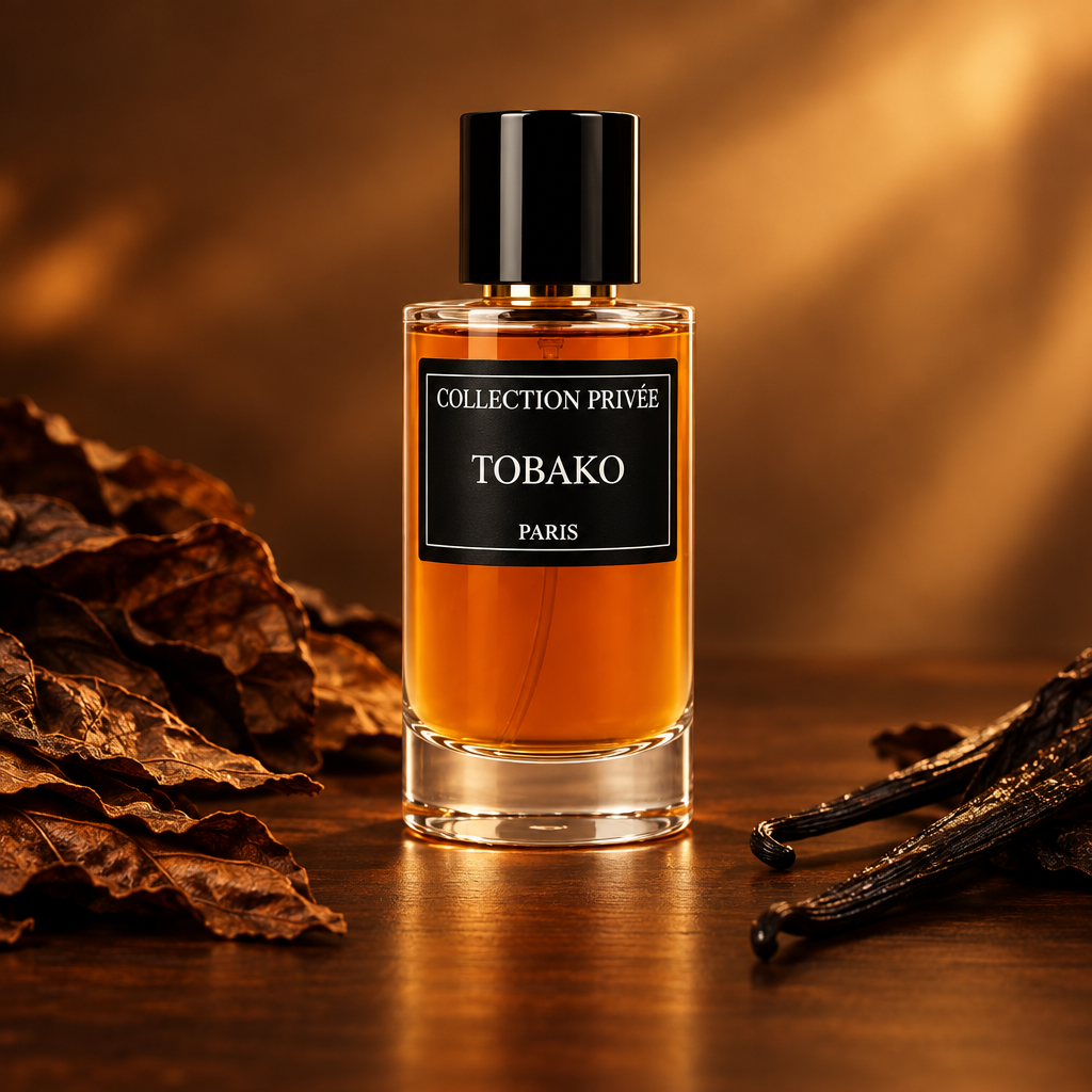 Tobako parfum met tabaksbladeren en vanille in warm goudkleurig licht