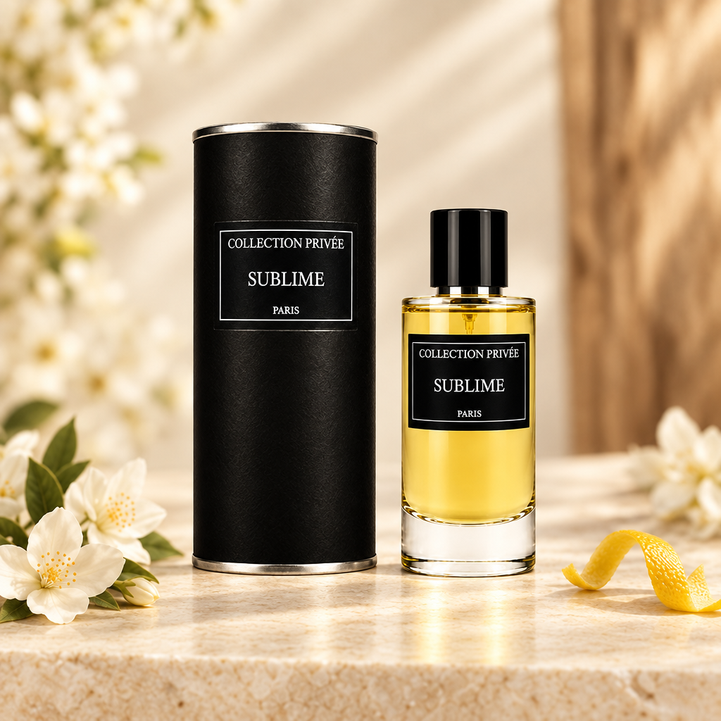 Sublime fles en verpakking met witte bloemen op lichte steen
