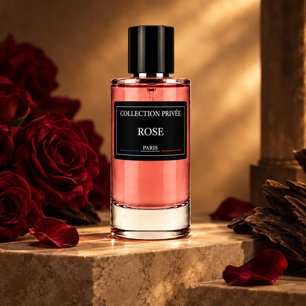 Rose parfum met rode rozen, oud-hout en warm licht