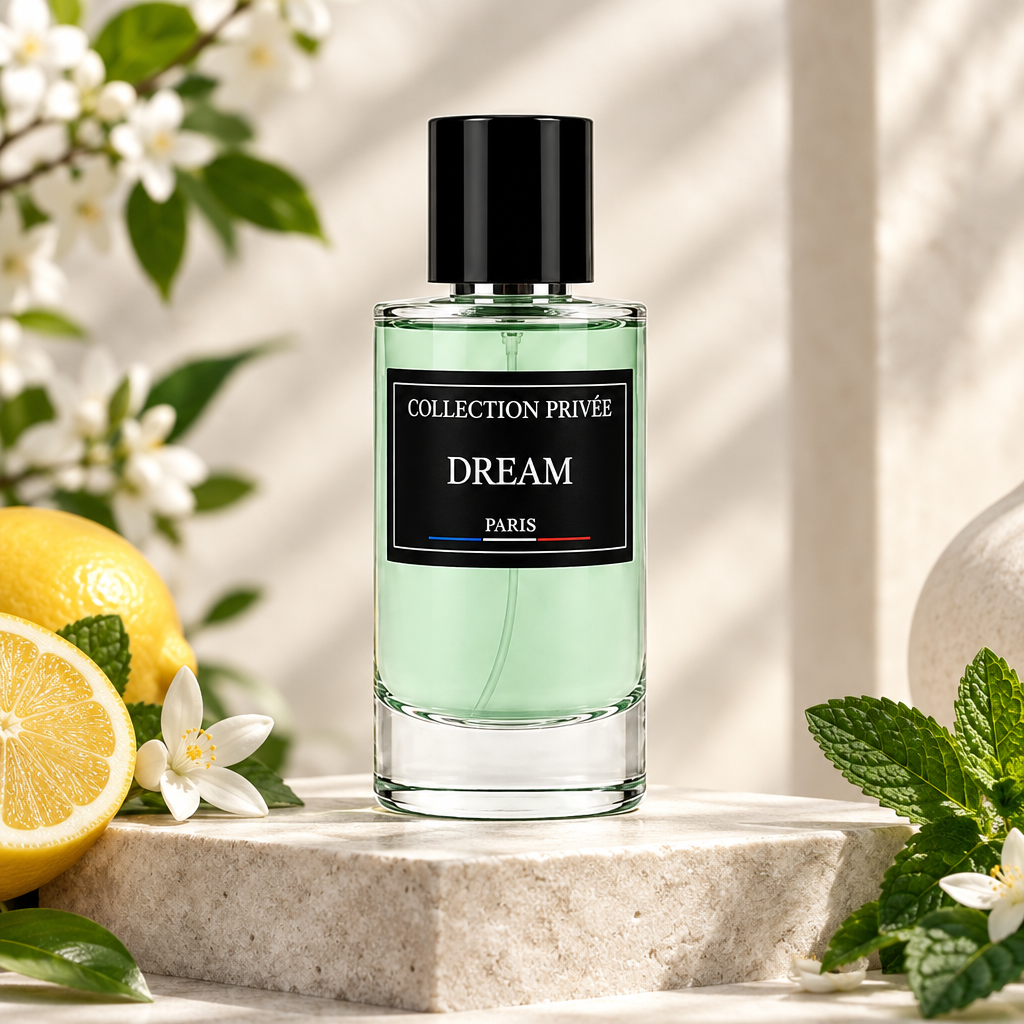 Dream parfum met witte bloemen en citrus in een lichte achtergrond