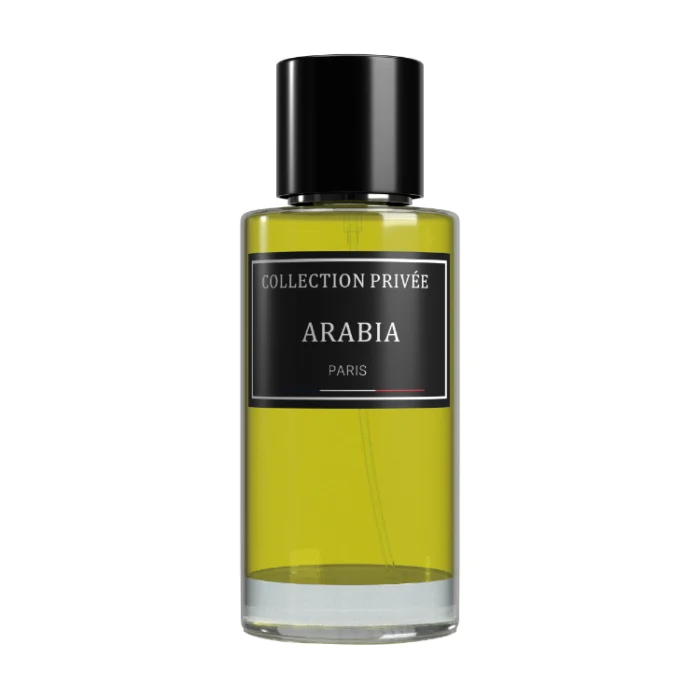 L'Original Collection Privée Paris. Un paysage oriental aux couleurs chaudes et un flacon de parfum Mixte ARABIA, symbolisant la rencontre harmonieuse entre les notes orientales et occidentales incarnées par le parfum.