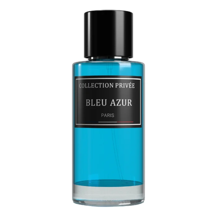 Un flacon élégant et mystérieux, aux lignes épurées et à la couleur bleue profonde, reflète l'essence envoûtante et addictive du parfum Bleu Azur.