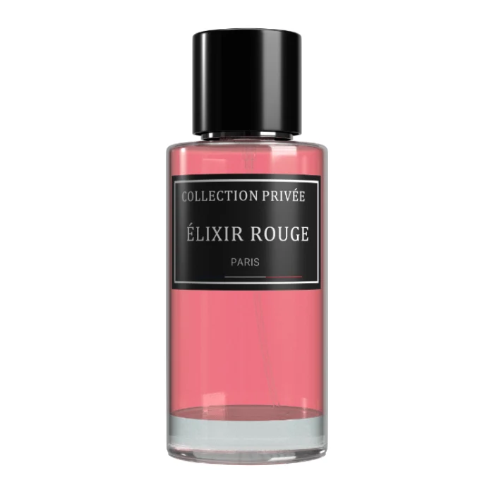 L'Original Collection Privée Paris. Une rose rouge épanouie et un flacon de parfum ELIXIR ROUGE, symbolisant la sensualité et l'intensité incarnées par le parfum.